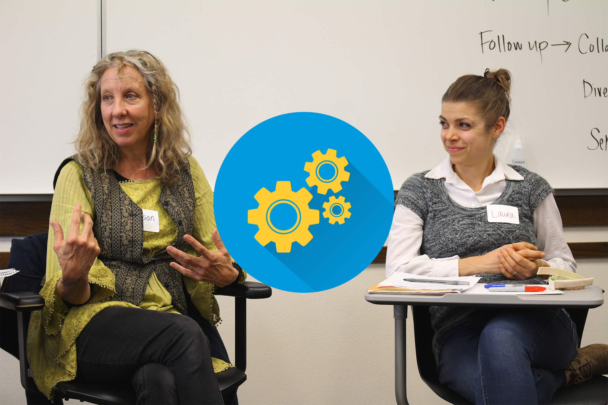 Icon of yellow cogs over a blue background superimposed over a photo of two community-engaged learners