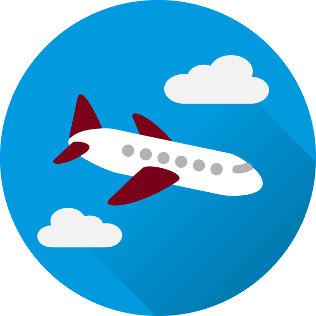 Icon of an airplane and clouds against a blue background