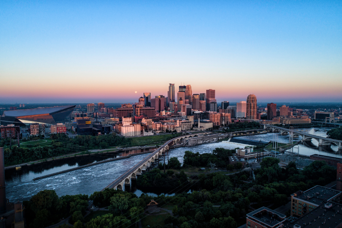 Minneapolis skyline at sunset 